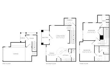 A black and white diagram of a three-story house with labeled rooms.