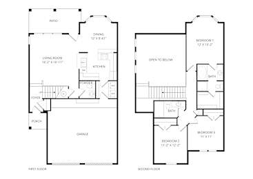 A black and white image of a two-story house floor plan.