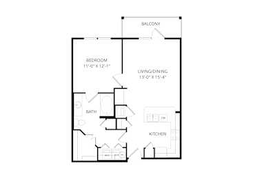 A floor plan of a house with a balcony, bathroom, bedroom, living/dining area, and kitchen.