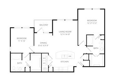 A floor plan of a house with a balcony, two bedrooms, a living room, a dining area, a kitchen, and two bathrooms.