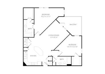 A floor plan of a home with two bedrooms, a living/dining area, a kitchen, and two bathrooms.