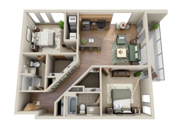 a spacious two bedroom apartment with two bathrooms and a spacious living room with a fireplace and a