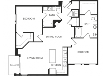 a floor plan of a two bedroom apartment with a living room and a dining room