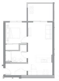 floor plan of the small apartment with living room and kitchen