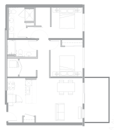 floor plan of the apartment with living room and kitchen