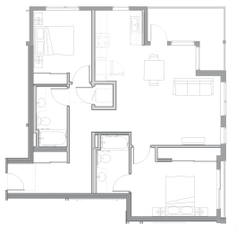 floor plan of a small apartment with living room and kitchen
