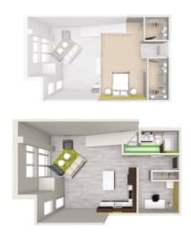 two different views of a house with a kitchen and a living room