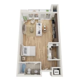 a 3d floor plan of a bedroom with a wood floor