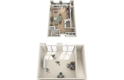 a stylized floor plan with a bedroom and a living room