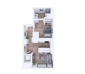 A top-down view of a small apartment with a kitchen, living room, and bedroom.