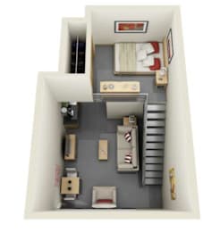 A 3D image of a small apartment with a bedroom, living room, and kitchen.
