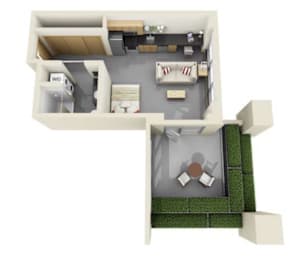 A 3D floor plan of a house with a living room, kitchen, and bathroom.