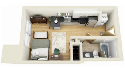 A top-down view of a small apartment with a bed, couch, and kitchen area.