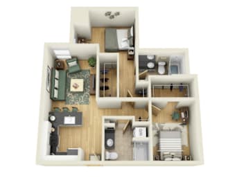 A 3D floor plan of a house with a living room, kitchen, dining room, and bedrooms.