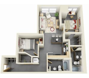 A 3D floor plan of a house with labeled rooms.
