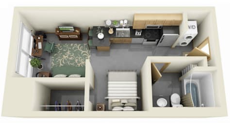 A top-down view of a small apartment with a living room, kitchen, and bathroom.