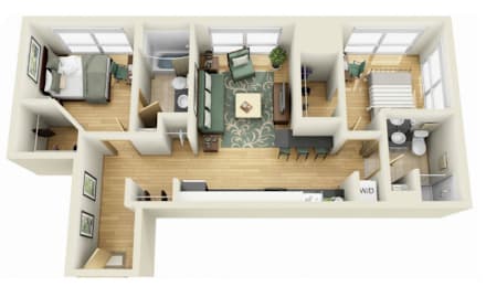A 3D floor plan of a house with a living room, dining room, kitchen, and two bedrooms.