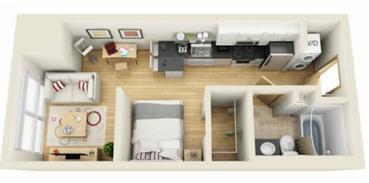 A top-down view of a small apartment with a kitchen, living room, and bedroom.