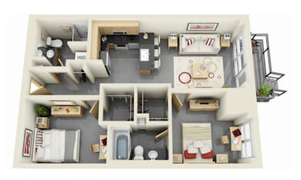A 3D floor plan of a small apartment with a kitchen, living room, and bathroom.