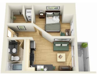A 3D rendered image of a small apartment layout.