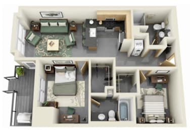 A top-down view of a two-bedroom apartment with a living room, kitchen, and bathroom.