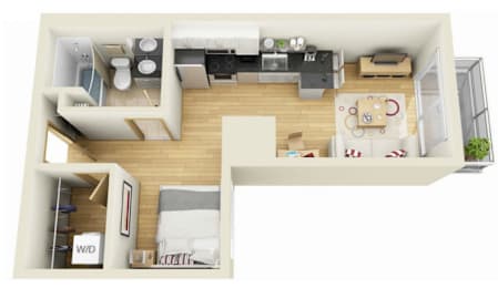 A top-down view of a small apartment with a kitchen, living room, and bedroom.