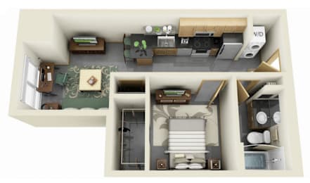 A 3D rendered image of a small apartment layout.