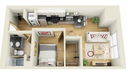 A 3D floor plan of a small apartment with a living room, kitchen, and bedroom.