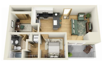 A 3D rendered image of a house layout.