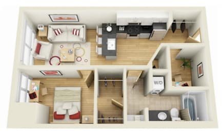 A 3D floor plan of a small apartment with a kitchen, living room, and bathroom.