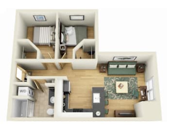 A top down view of a small apartment with a living room, kitchen, and bedroom.