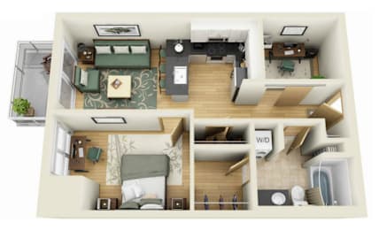 A top-down view of a small apartment with a bedroom, living room, and kitchen.