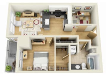 A 3D floor plan of a house with a living room, kitchen, and two bedrooms.