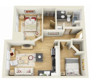A 3D floor plan of a small apartment with two bedrooms and a living room.