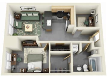 A top-down view of a small apartment with two bedrooms, a living area, and a kitchen.