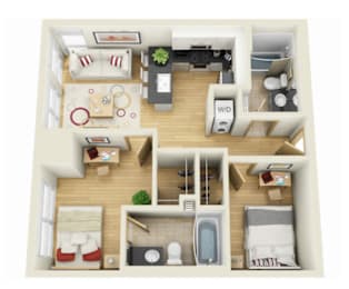 A top-down view of a small apartment layout with a living room, kitchen, and bedroom.