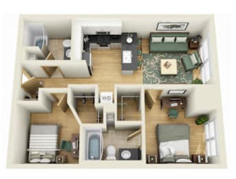 A 3D floor plan of a house with a living room, kitchen, and bathroom.