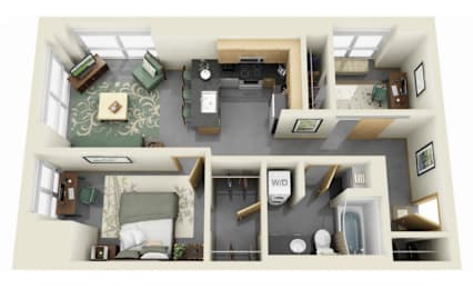 A top-down view of a small apartment with a kitchen, living room, and bathroom.