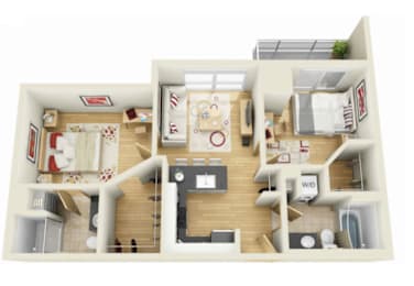 A 3D floor plan of a house with a kitchen, living room, and bathroom.