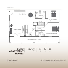 A floor plan of an apartment with a living room, dining area, kitchen, and two bedrooms.