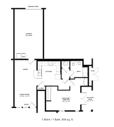 A floor plan of a one bedroom apartment with a garage.