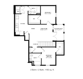 A floor plan of a two bedroom, two bathroom apartment.
