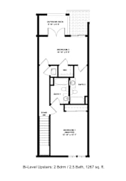 A floor plan of a two bedroom, two bathroom apartment with a balcony.