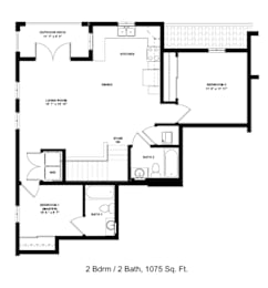 A floor plan of a 2 bedroom 2 bath house.