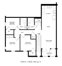 A floor plan of a 3 bedroom, 2 bathroom home with a living room and kitchen.