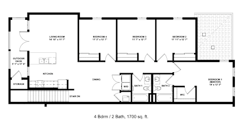 A floor plan of a 2 bedroom, 2 bathroom apartment.