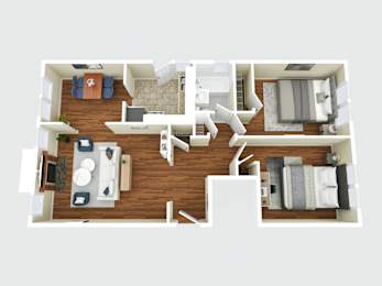 A top-down view of a modern apartment layout with a kitchen, living room, and bedrooms.