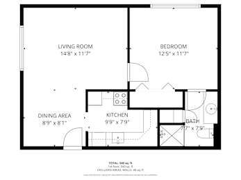A black and white image of a floor plan for a house with a living room, bedroom, dining area, and kitchen.