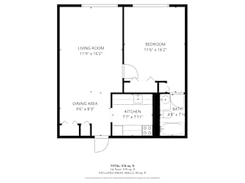 A black and white image of a floor plan for a one bedroom apartment.
