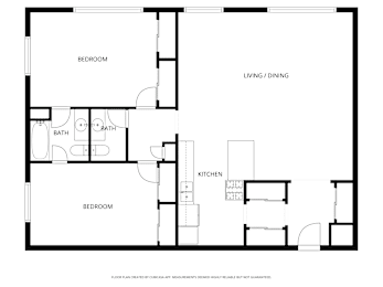 A black and white floor plan of an apartment with two bedrooms, a living/dining area, a kitchen, and one and a half bathrooms.